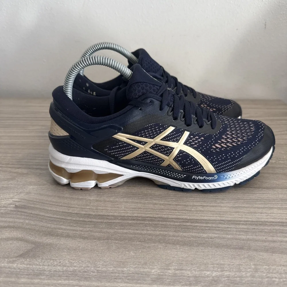 ASICS Gel Kayano 26 Flyte Foam Running Train Gym Shoes Navy/Gold Women's Sz 8